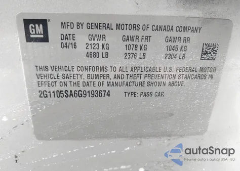 2016 Chevrolet Impala 1Lt from USA, damaged, VIN 2G1105SA6G9193674